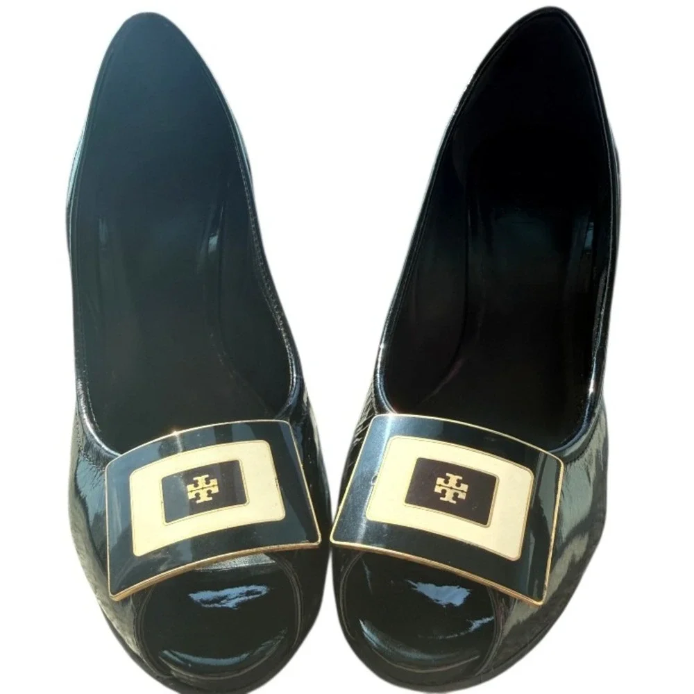 VTG Tory Burch Black Patent Leather Peep Toe Wedge Platform Pumps Women's 10M